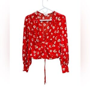 Long Sleeve Elegant Red Floral Women's Blouse